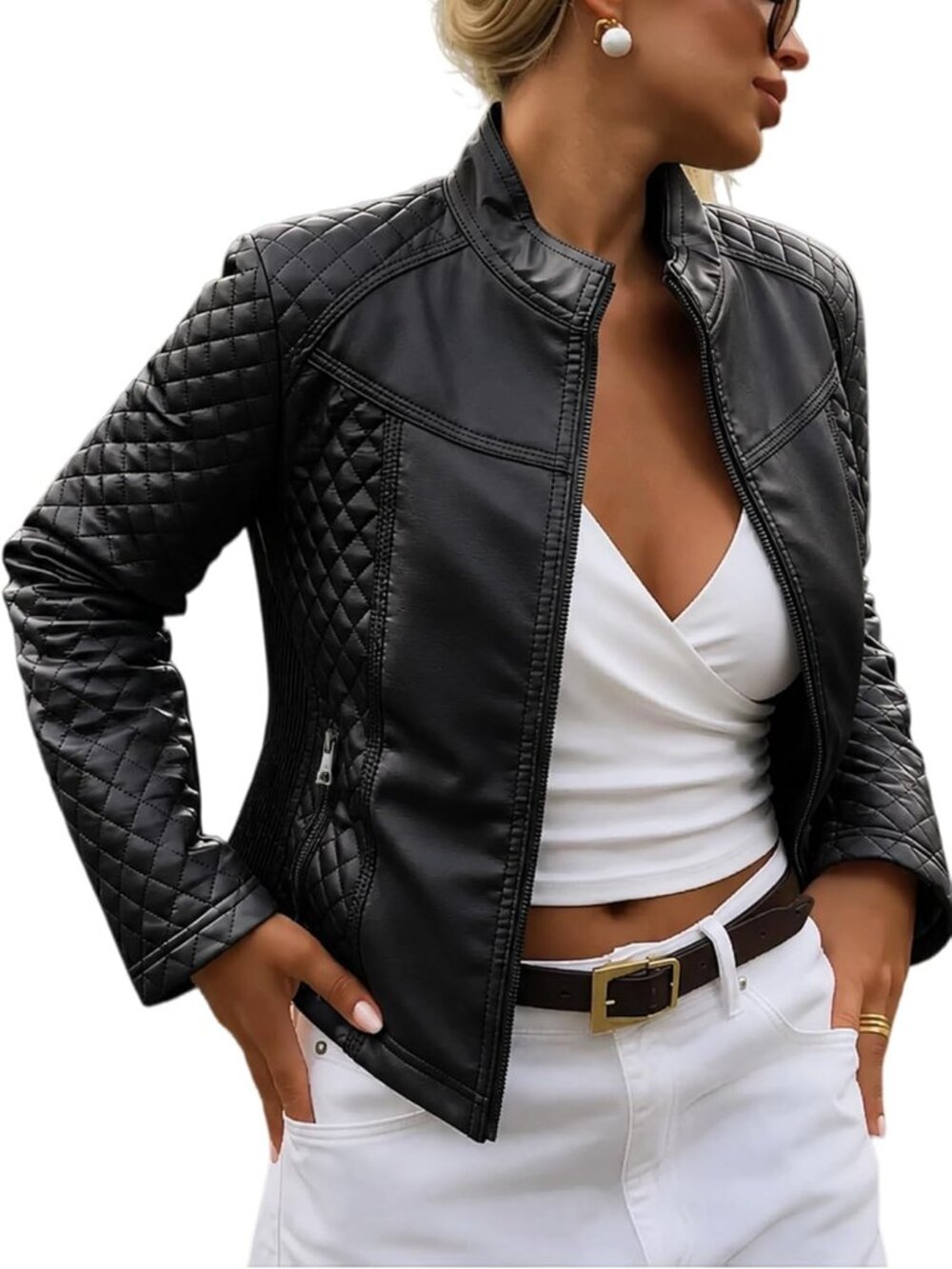 Women's Black Casual Jacket Faux Leather Stand Collar Lightweight Bomber Jackets